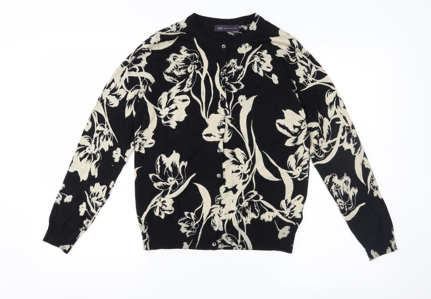 M&S Womens Black Floral Knit Cardigan Jumper Size 14