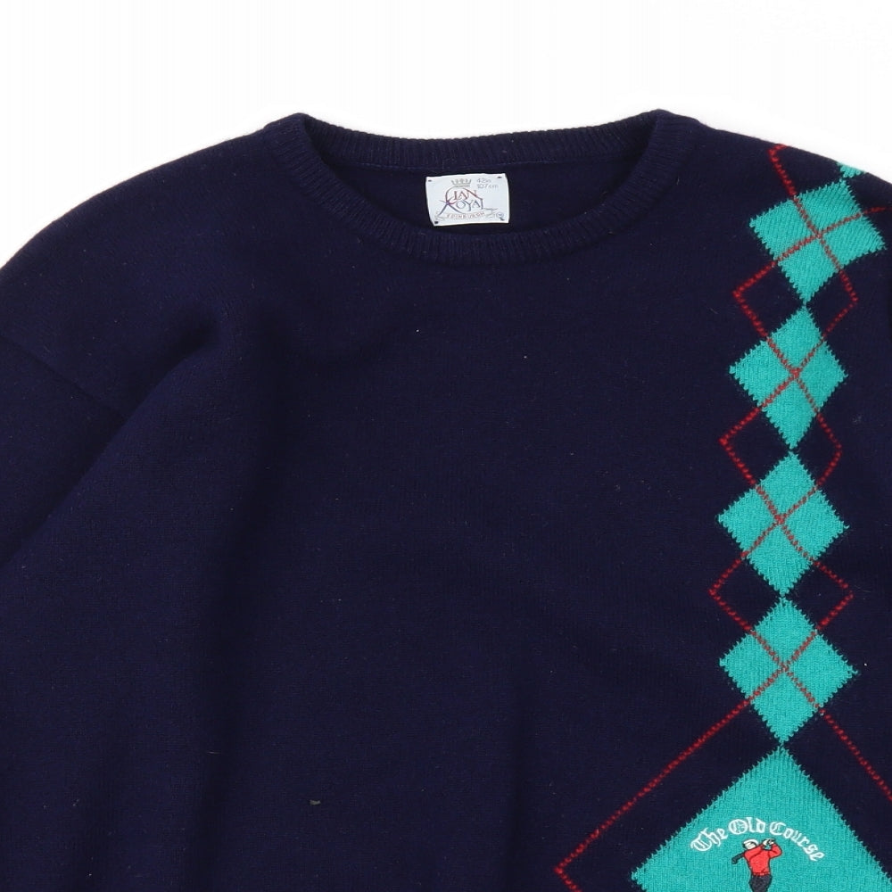 Clan Royal Mens Blue Argyle/Diamond Knit Pullover Jumper Size S