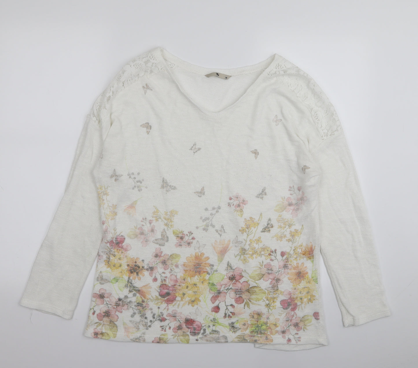 TU Womens White Floral  Basic T-Shirt Size 16