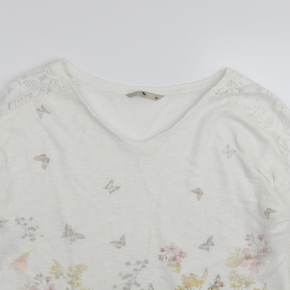 TU Womens White Floral  Basic T-Shirt Size 16