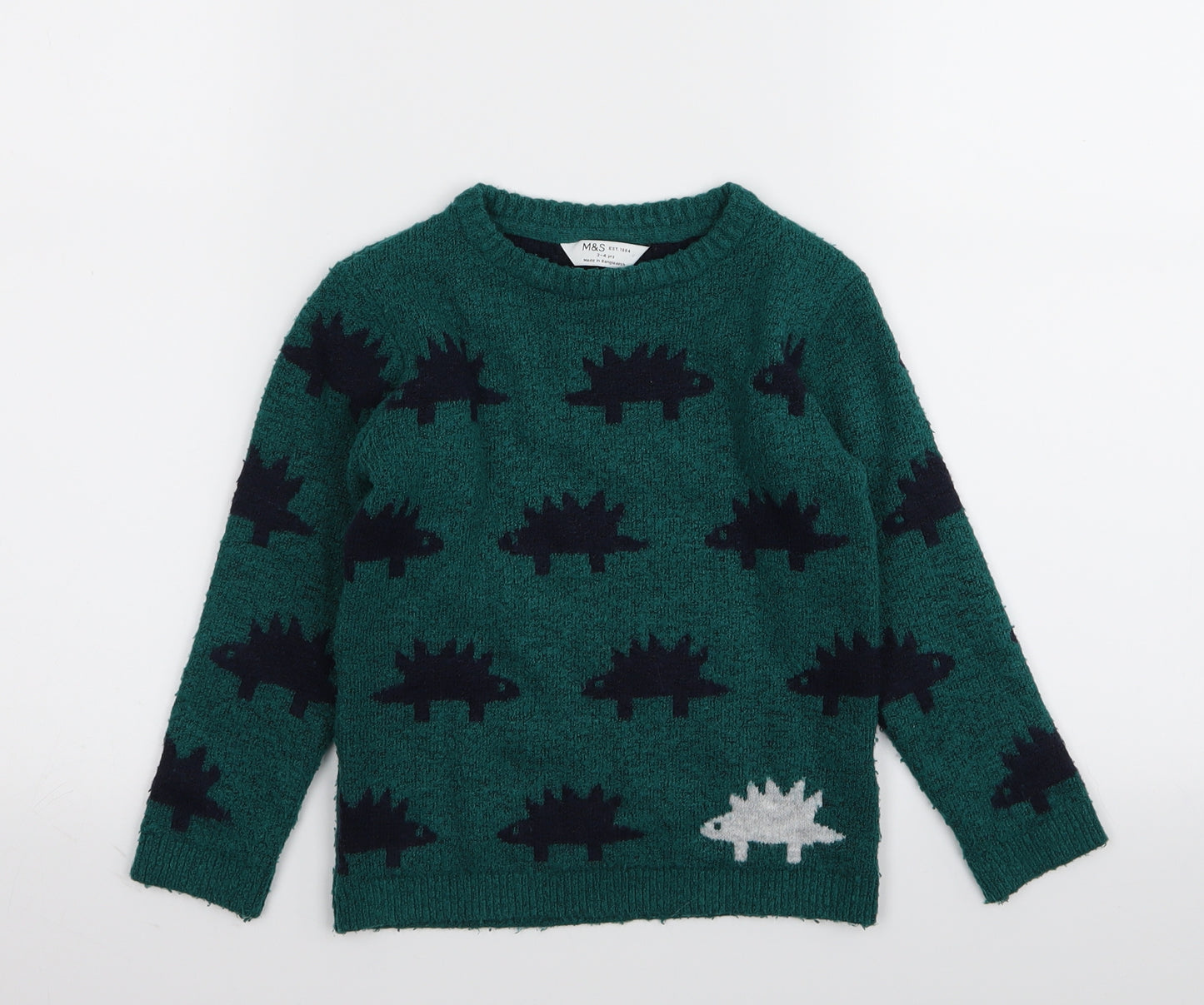M&S Boys Green Animal Print  Pullover Jumper Size 3-4 Years
