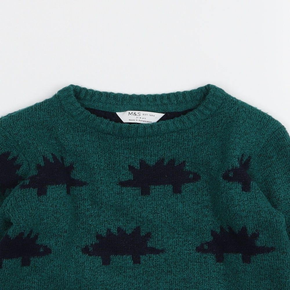 M&S Boys Green Animal Print  Pullover Jumper Size 3-4 Years