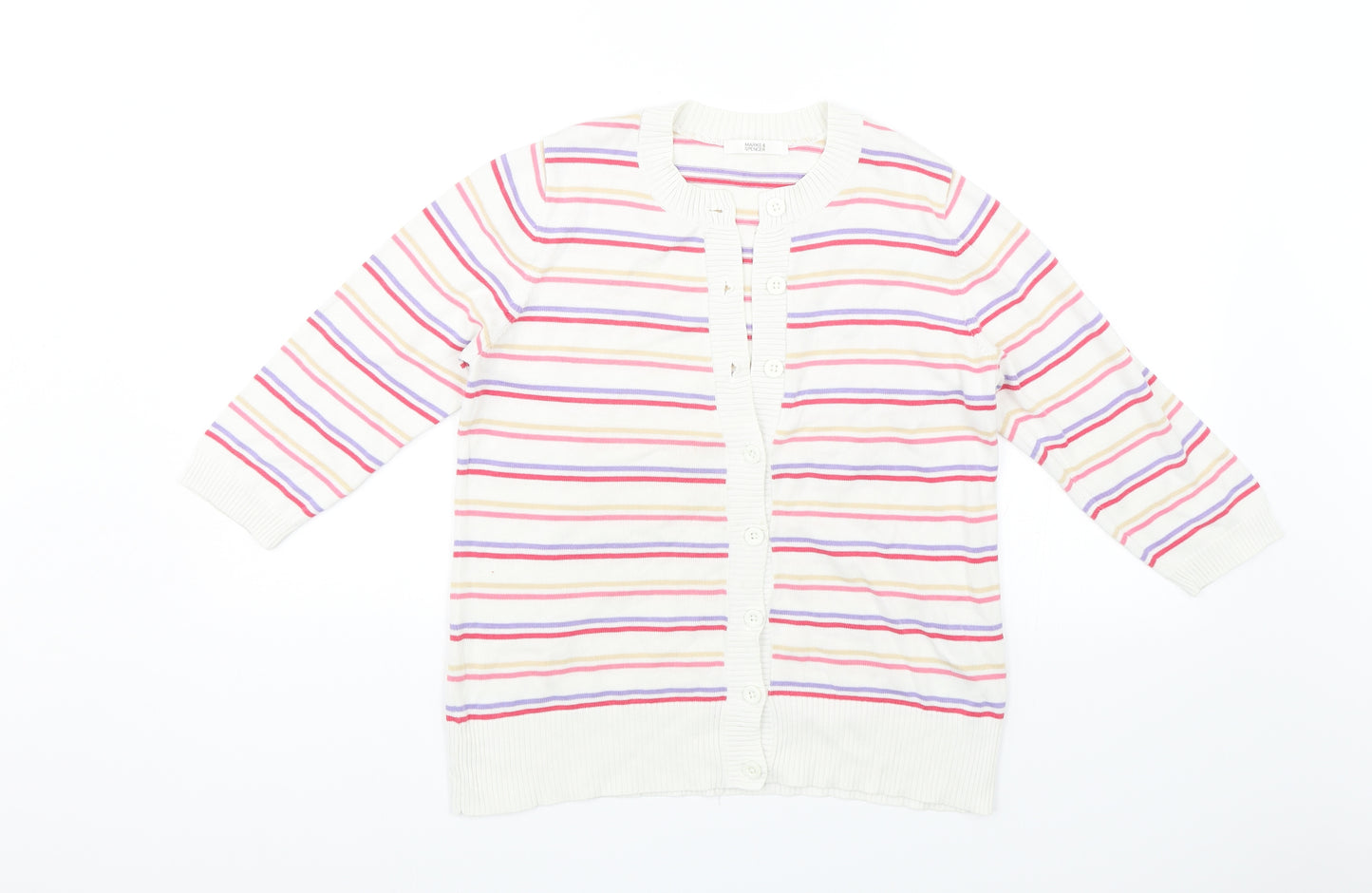 Marks and Spencer Womens White Striped  Cardigan Jumper Size 12
