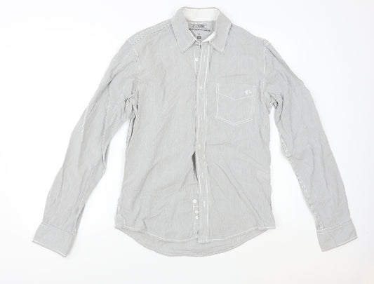 Front view of FNDM men’s grey striped button-up, size S