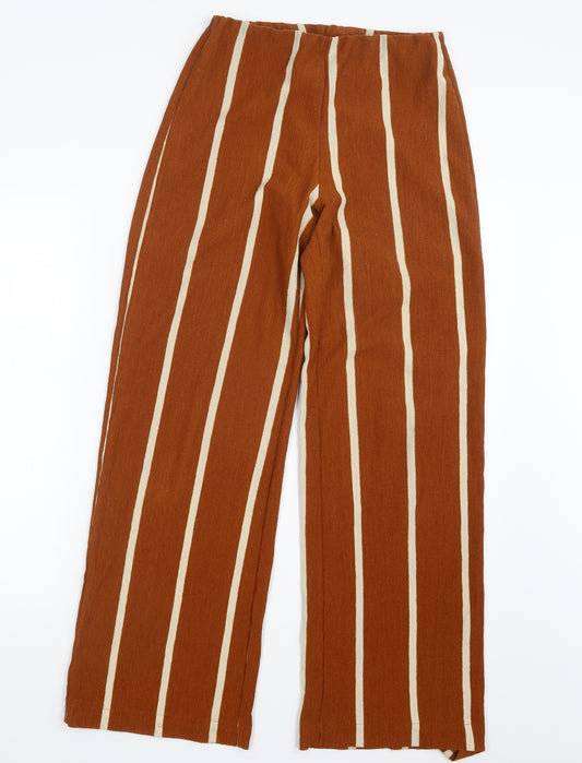 Front view of Preworn women’s brown striped trousers, size UK 26, in, 29-inch leg