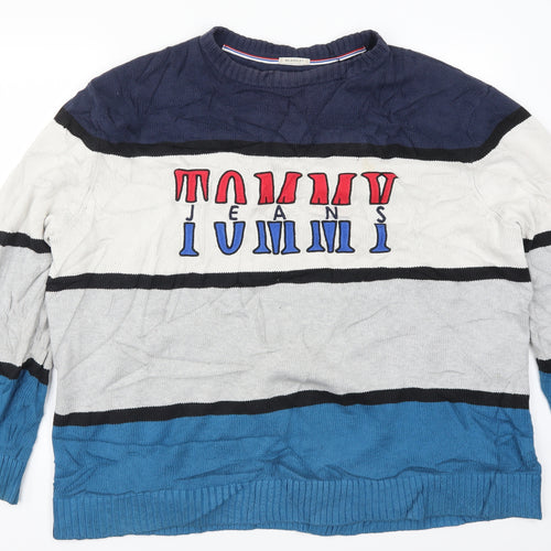 Tommy Jeans Mens Blue Striped  Pullover Jumper Size XL