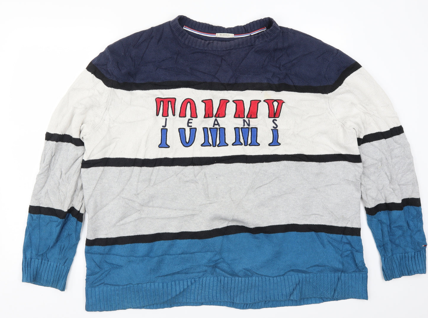 Tommy Jeans Mens Blue Striped  Pullover Jumper Size XL