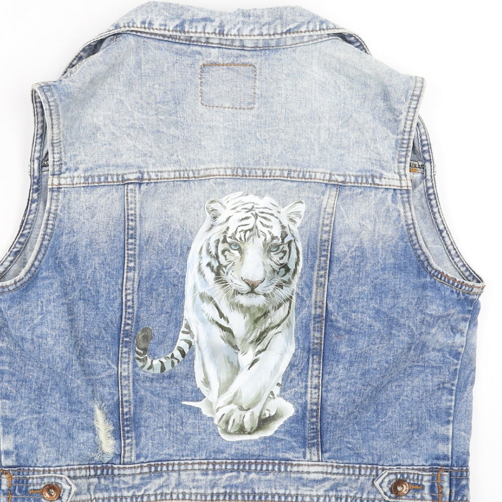 Primark Womens Blue  Denim Gilet Jacket Size 12  - tiger print