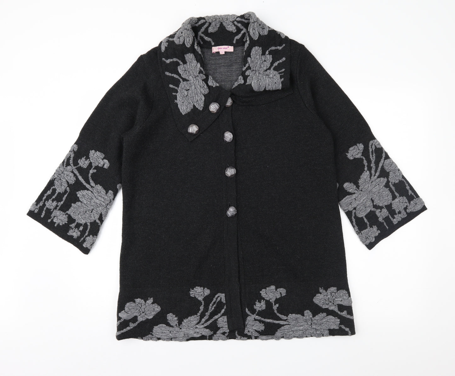Per Una Womens Grey Floral Knit Overcoat Coat Size 14