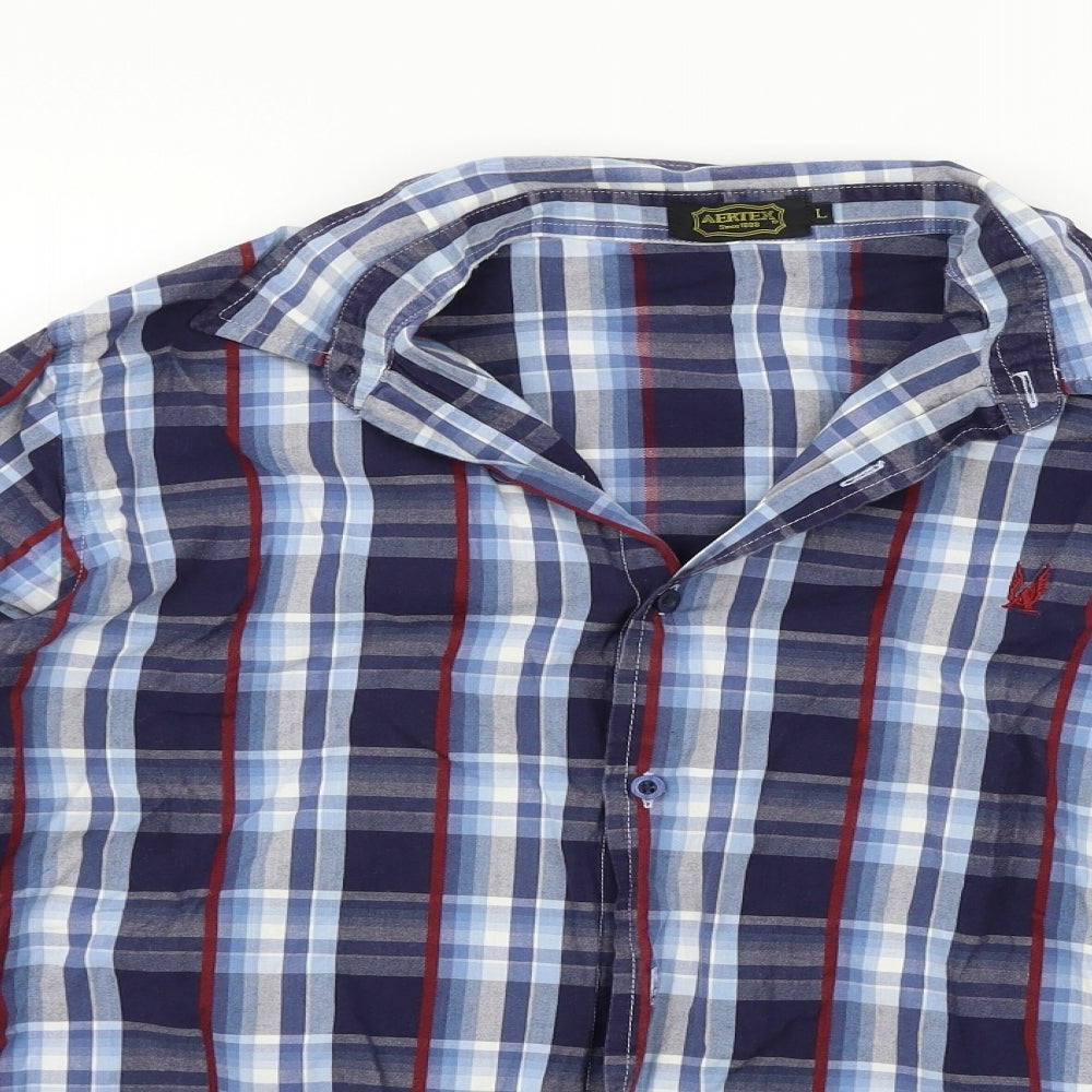 Aertex Mens Blue Check   Button-Up Size L