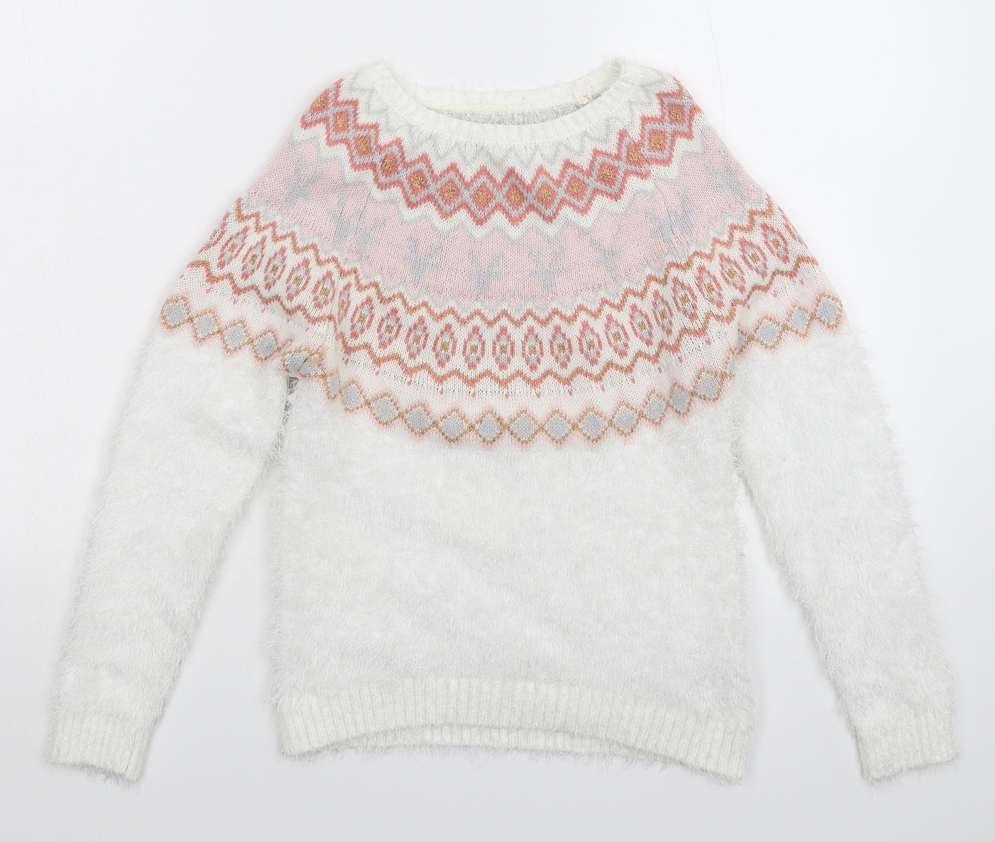 Nutmeg Girls White Geometric Knit Pullover Jumper Size 8-9 Years