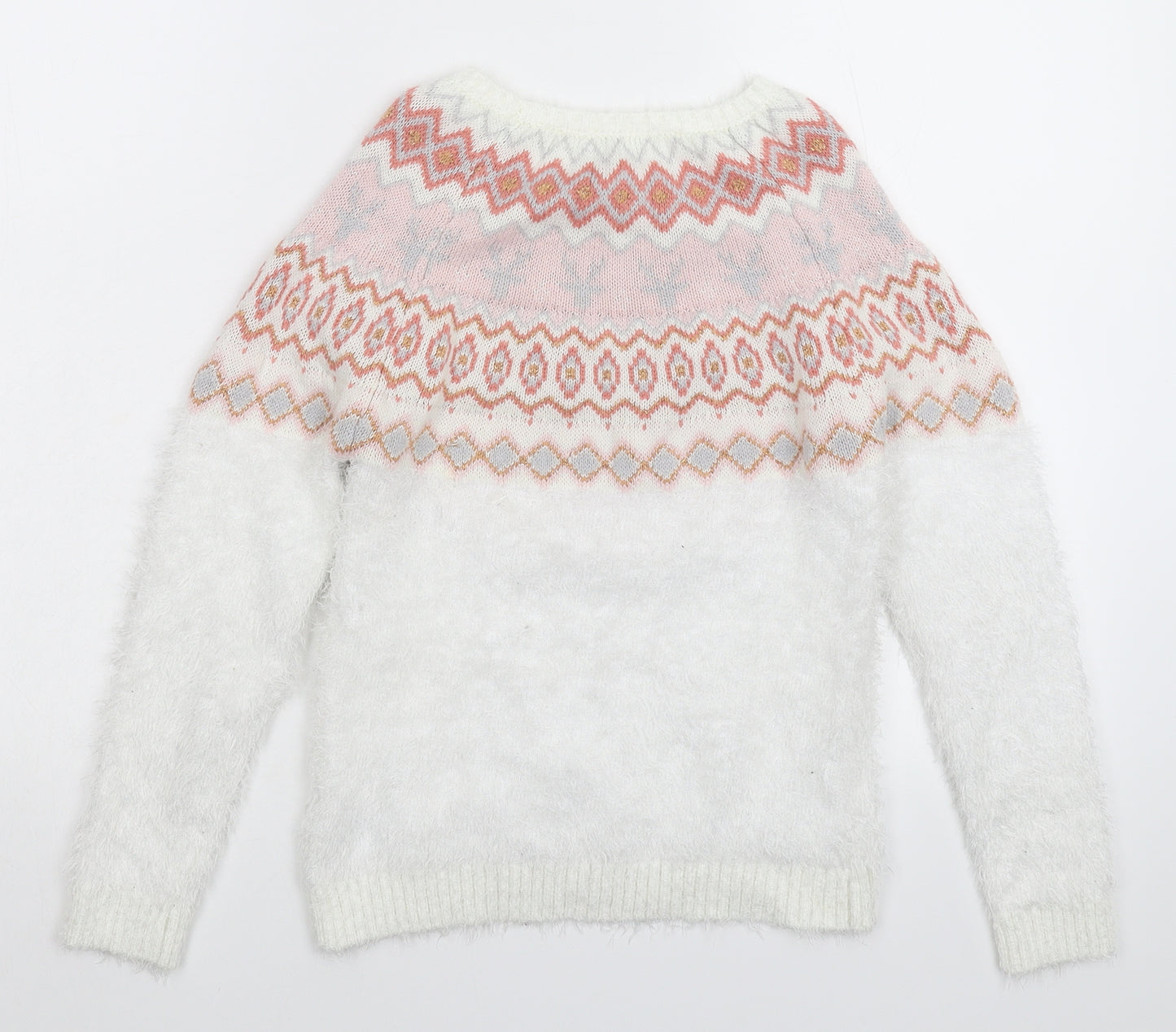 Nutmeg Girls White Geometric Knit Pullover Jumper Size 8-9 Years