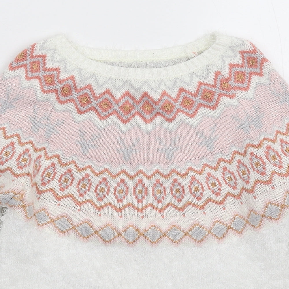 Nutmeg Girls White Geometric Knit Pullover Jumper Size 8-9 Years
