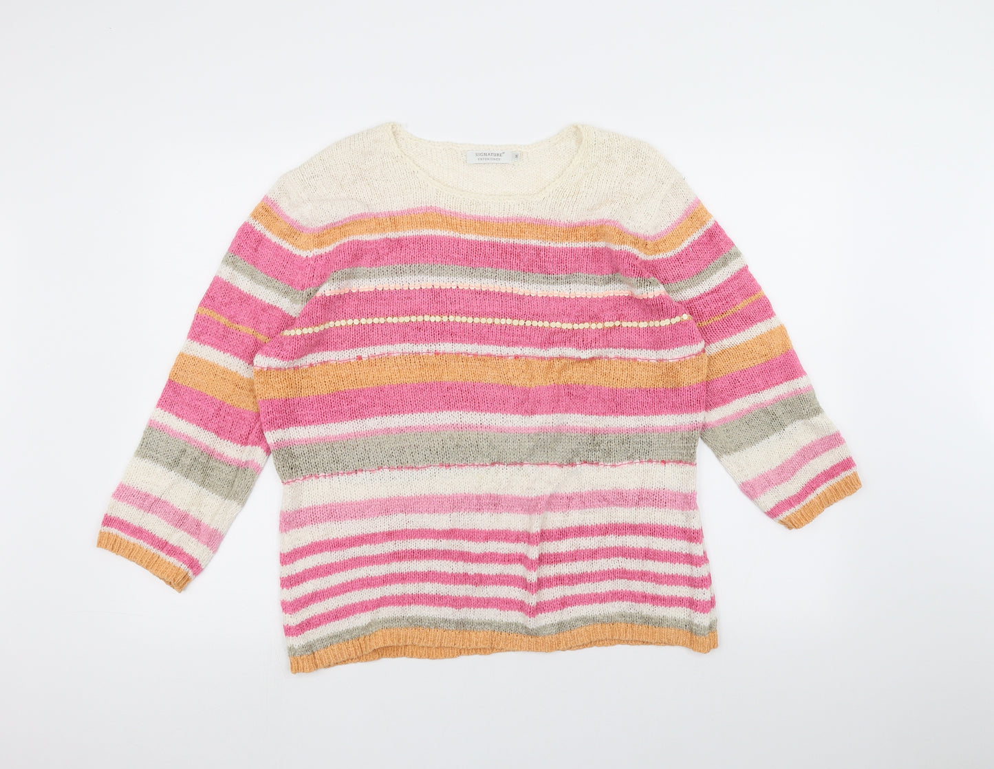 Signature Womens White Striped Knit Pullover Jumper Size M