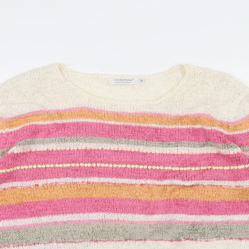 Signature Womens White Striped Knit Pullover Jumper Size M