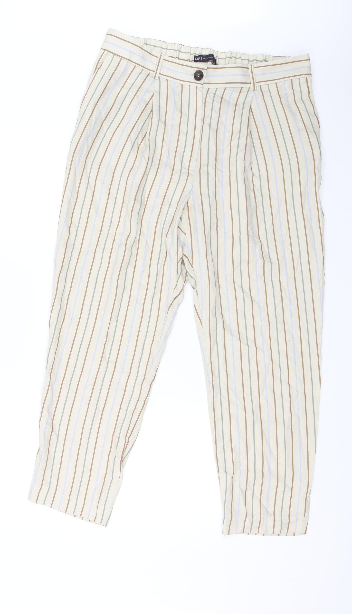 M&S Womens White Striped  Trousers  Size 16 L26 in