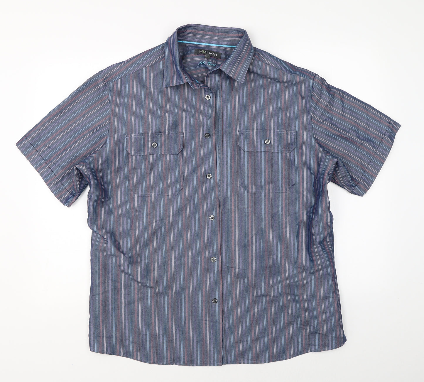 Marks & Spencer Mens Blue Striped   Button-Up Size L