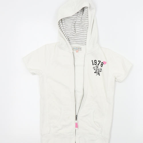 indego Girls White   Cardigan Hoodie Size 7-8 Years  - MOTIVE ON FRONT