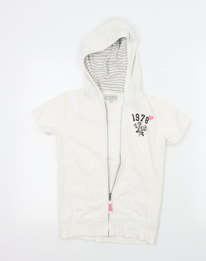 indego Girls White Cardigan Hoodie Size 7-8 Years - MOTIVE ON FRONT