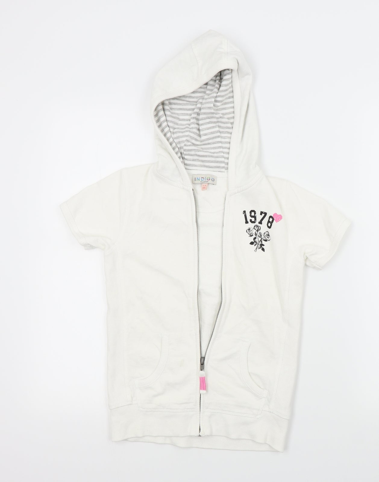 indego Girls White   Cardigan Hoodie Size 7-8 Years  - MOTIVE ON FRONT