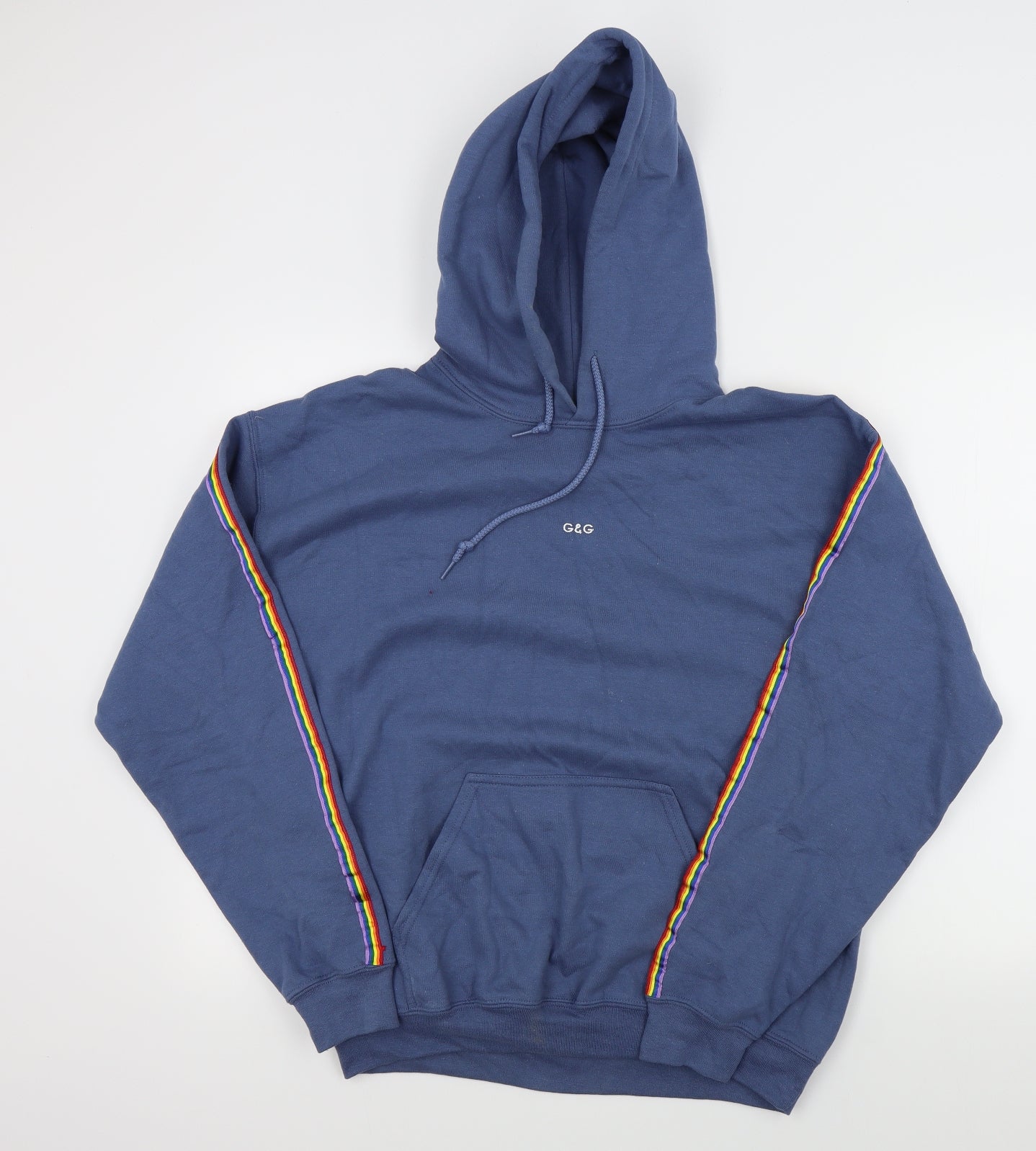 G&G Mens Blue   Pullover Hoodie Size M  - Front pocket Rainbow down sleeve