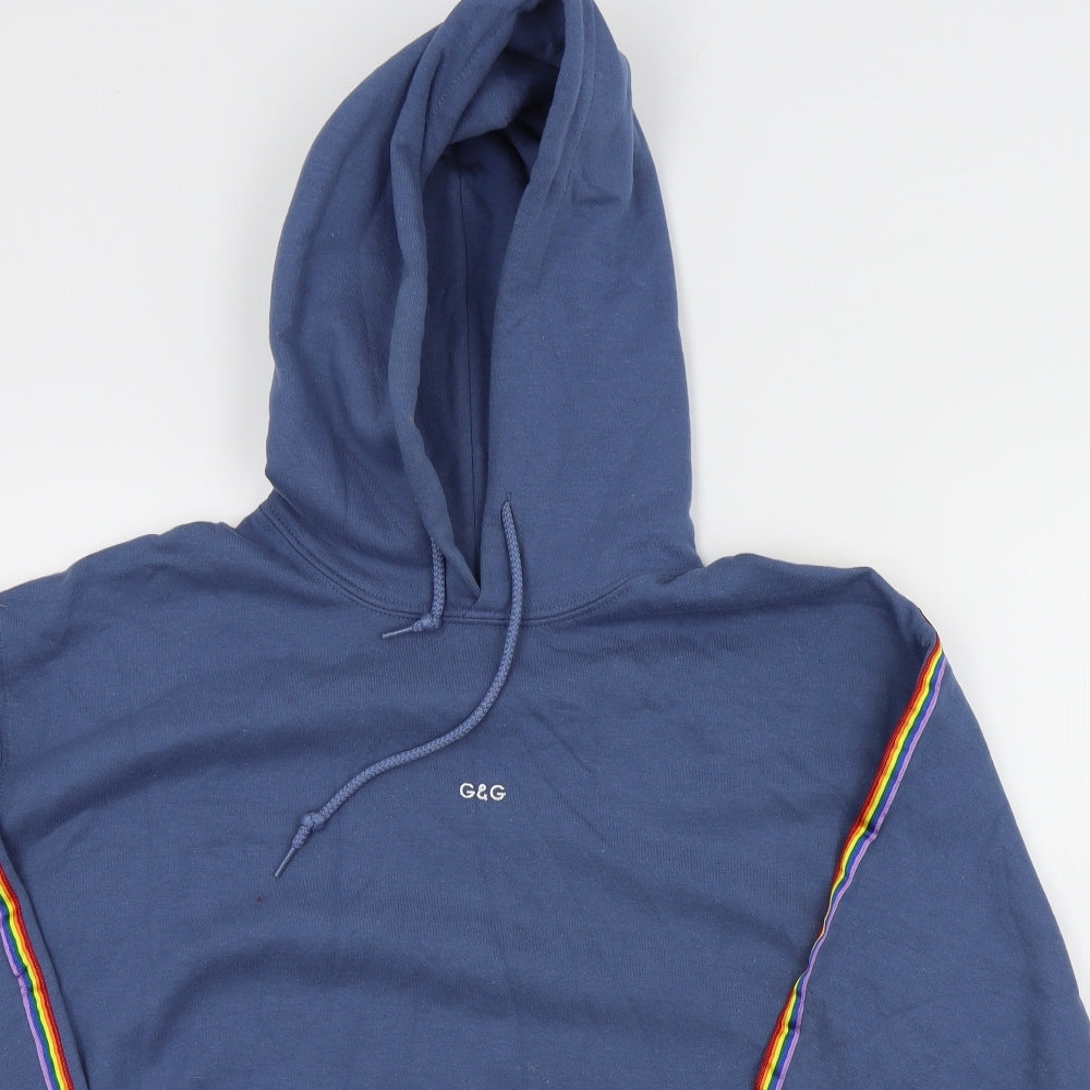 G&G Mens Blue   Pullover Hoodie Size M  - Front pocket Rainbow down sleeve
