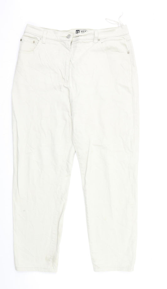 Front view of JB Nice Size women’s beige denim bootcut jeans, size UK 18, 29-inch leg