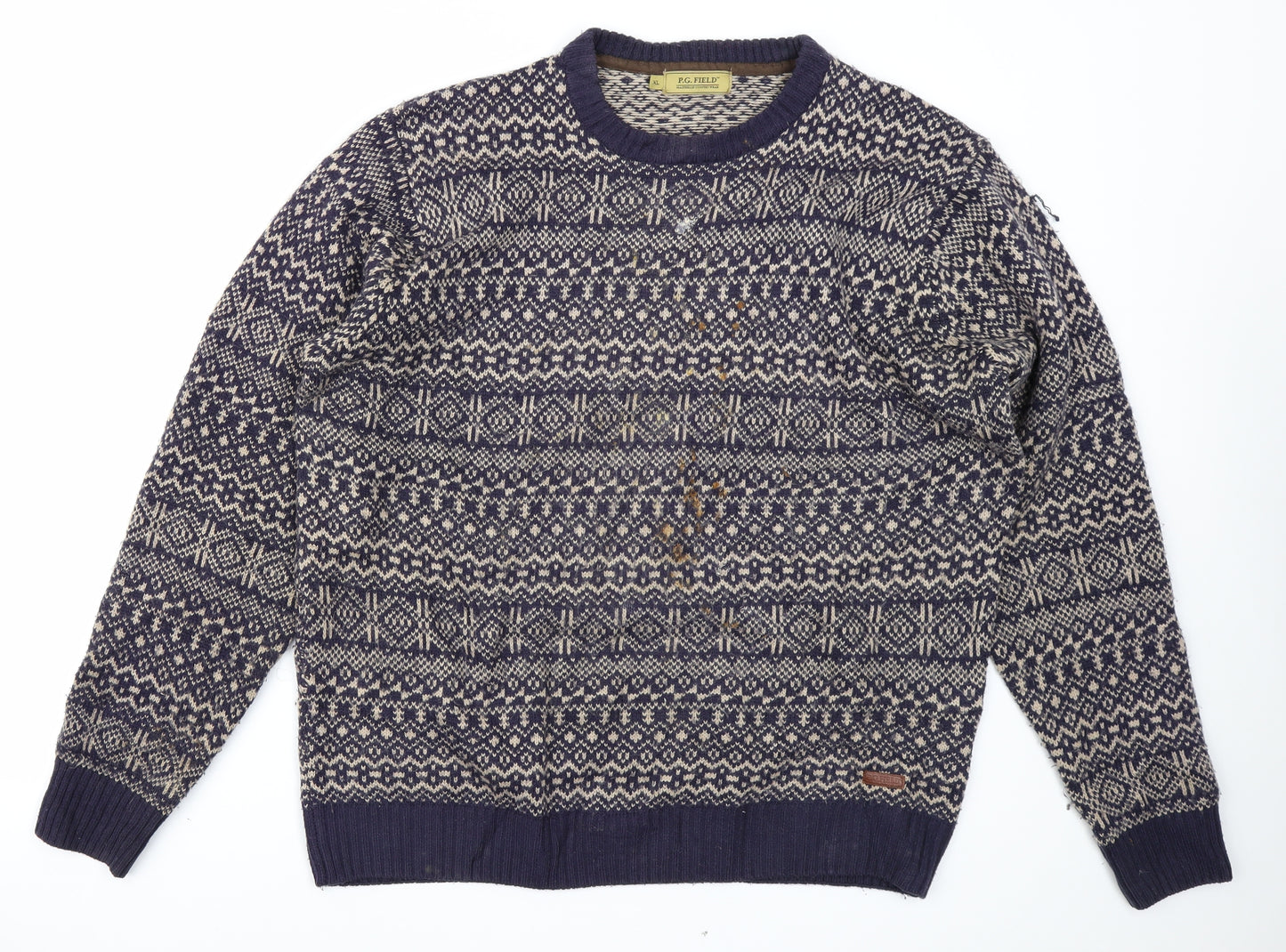 P.G.Field Mens Blue Fair Isle Knit Pullover Jumper Size XL