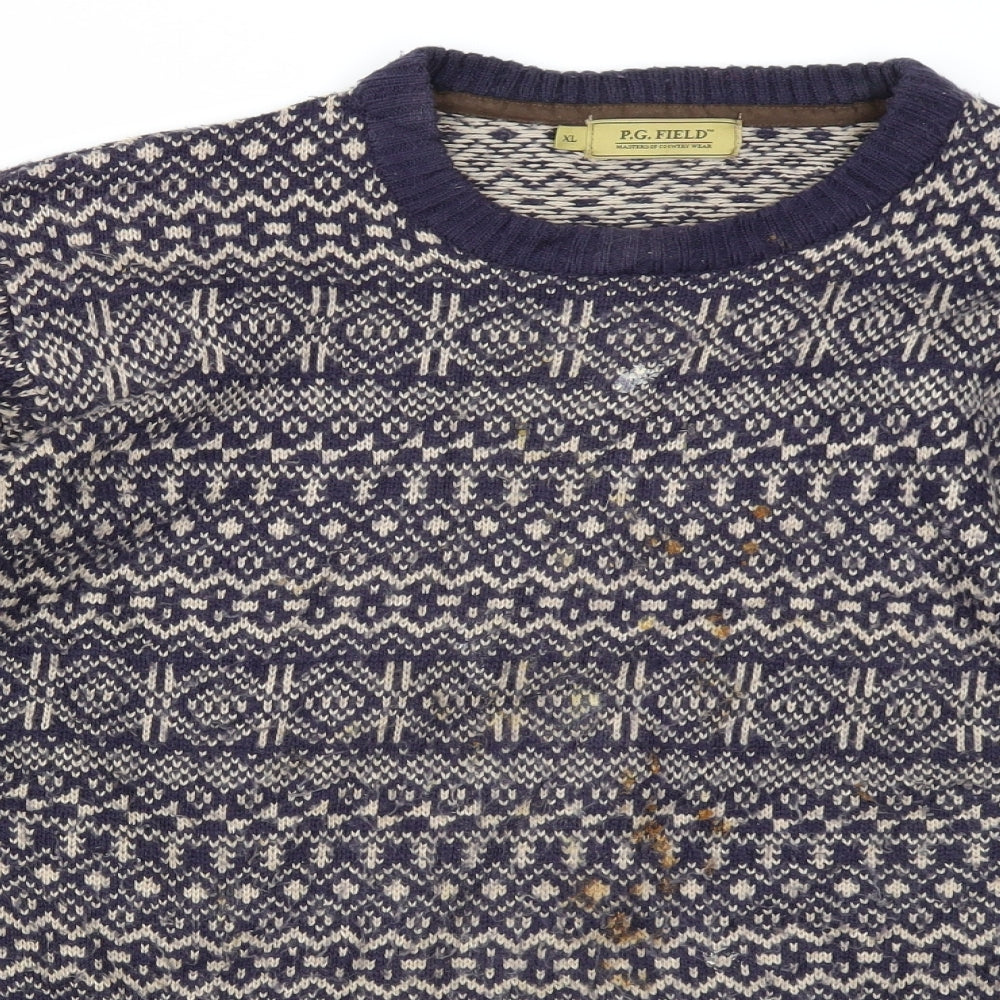 P.G.Field Mens Blue Fair Isle Knit Pullover Jumper Size XL