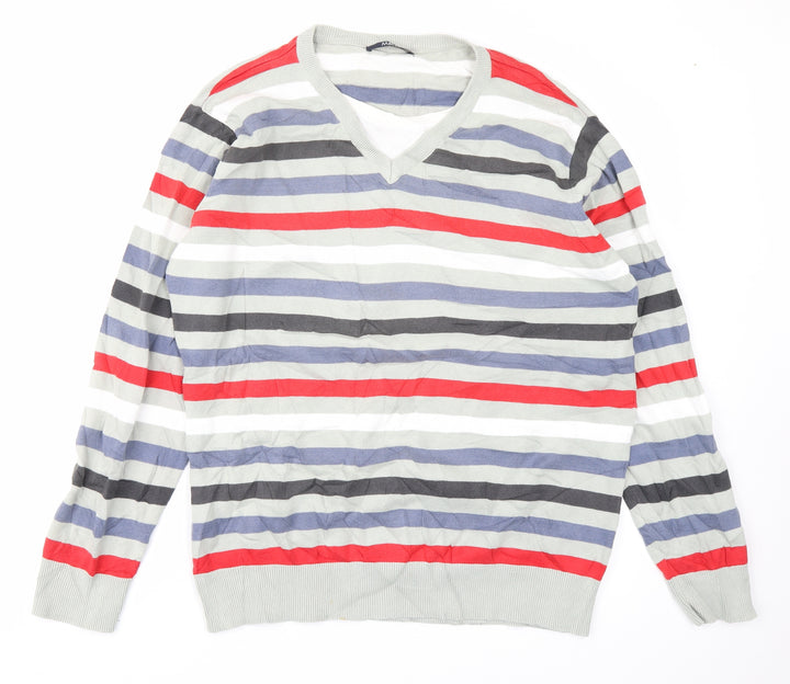 M&Co Mens Grey Striped Pullover Jumper Size L
