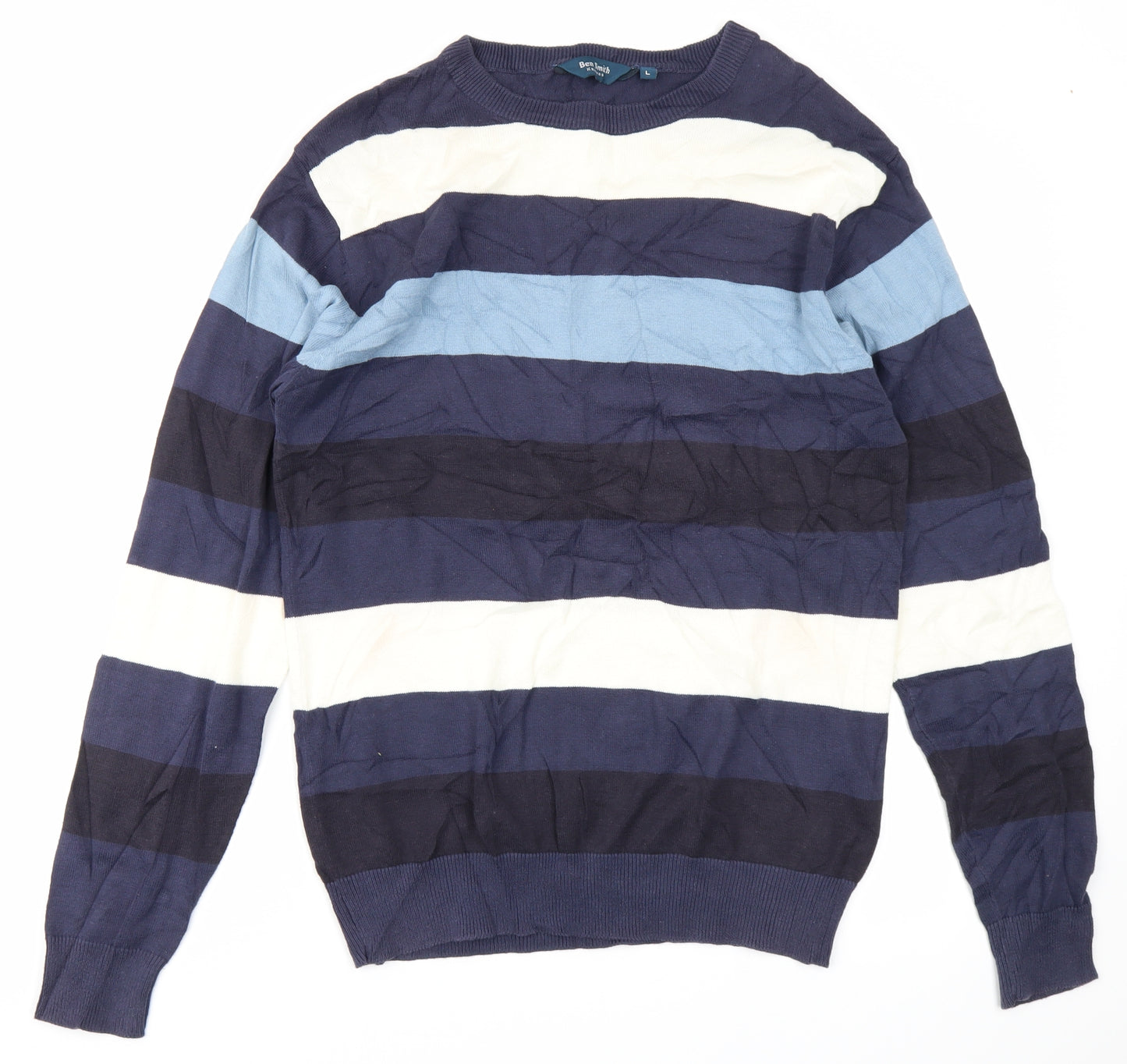 Ben Smith Mens Blue Striped  Pullover Jumper Size L