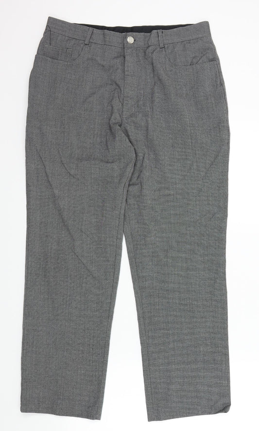 Front view of creonprevis men’s grey trousers, size 34, 27-inch leg
