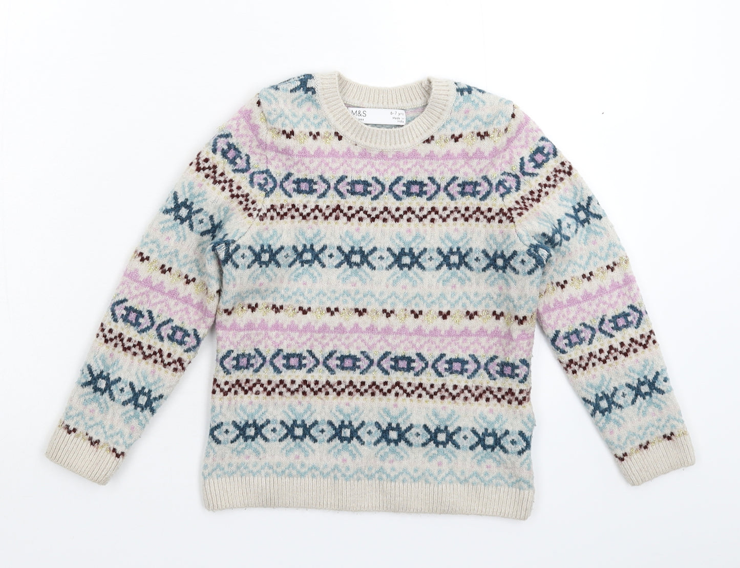 Marks and Spencer Boys Grey Geometric Knit Pullover Jumper Size 6-7 Years
