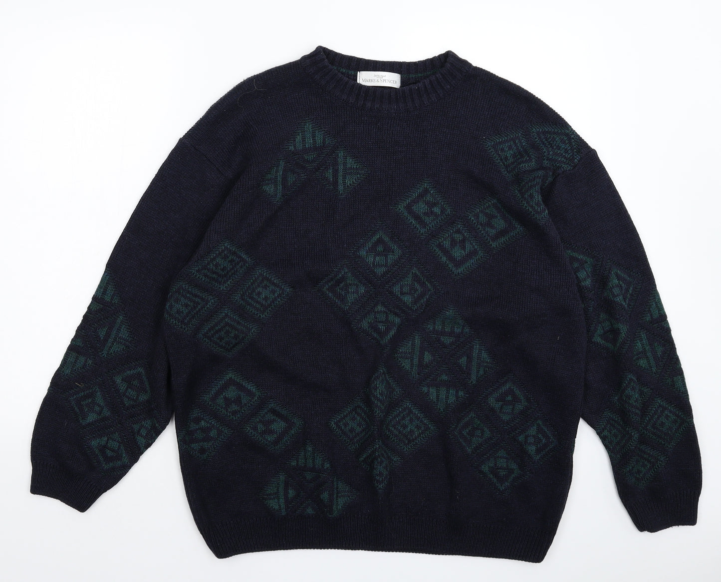 Marks and Spencer Mens Blue Geometric Knit Pullover Jumper Size L