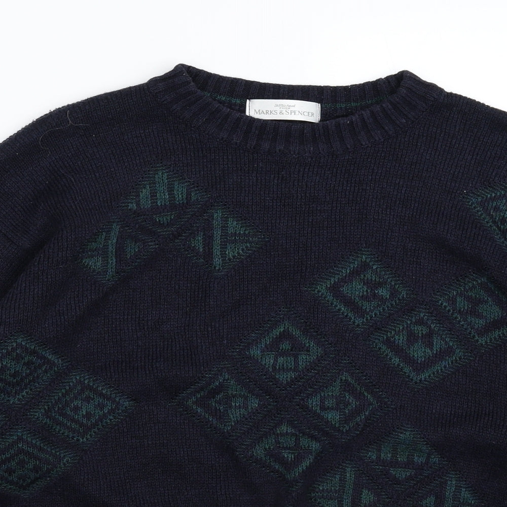 Marks and Spencer Mens Blue Geometric Knit Pullover Jumper Size L