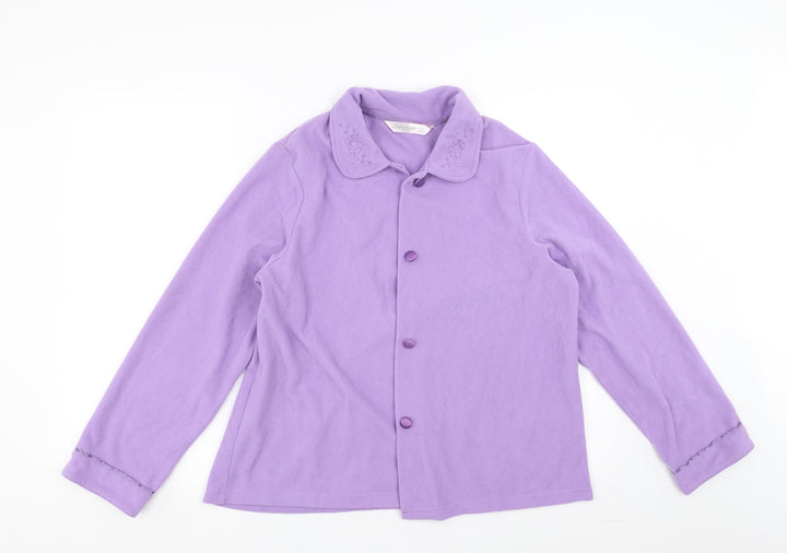 EWM Womens Purple Solid Fleece Top Pyjama Top Size S - Floral embroidery