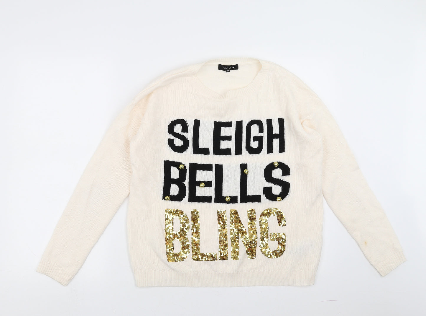 New Look Womens Ivory   Pullover Jumper Size 10  - Sleigh bells bling