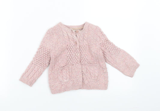 Front view of Monsoon girls’ pink knit cardigan jumper, size 6-9, months