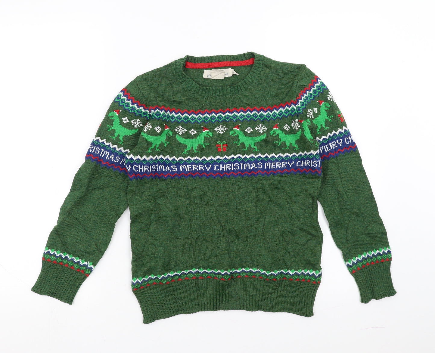 H&M Boys Green Geometric  Pullover Jumper Size 8-9 Years  - Dinosaur Christmas