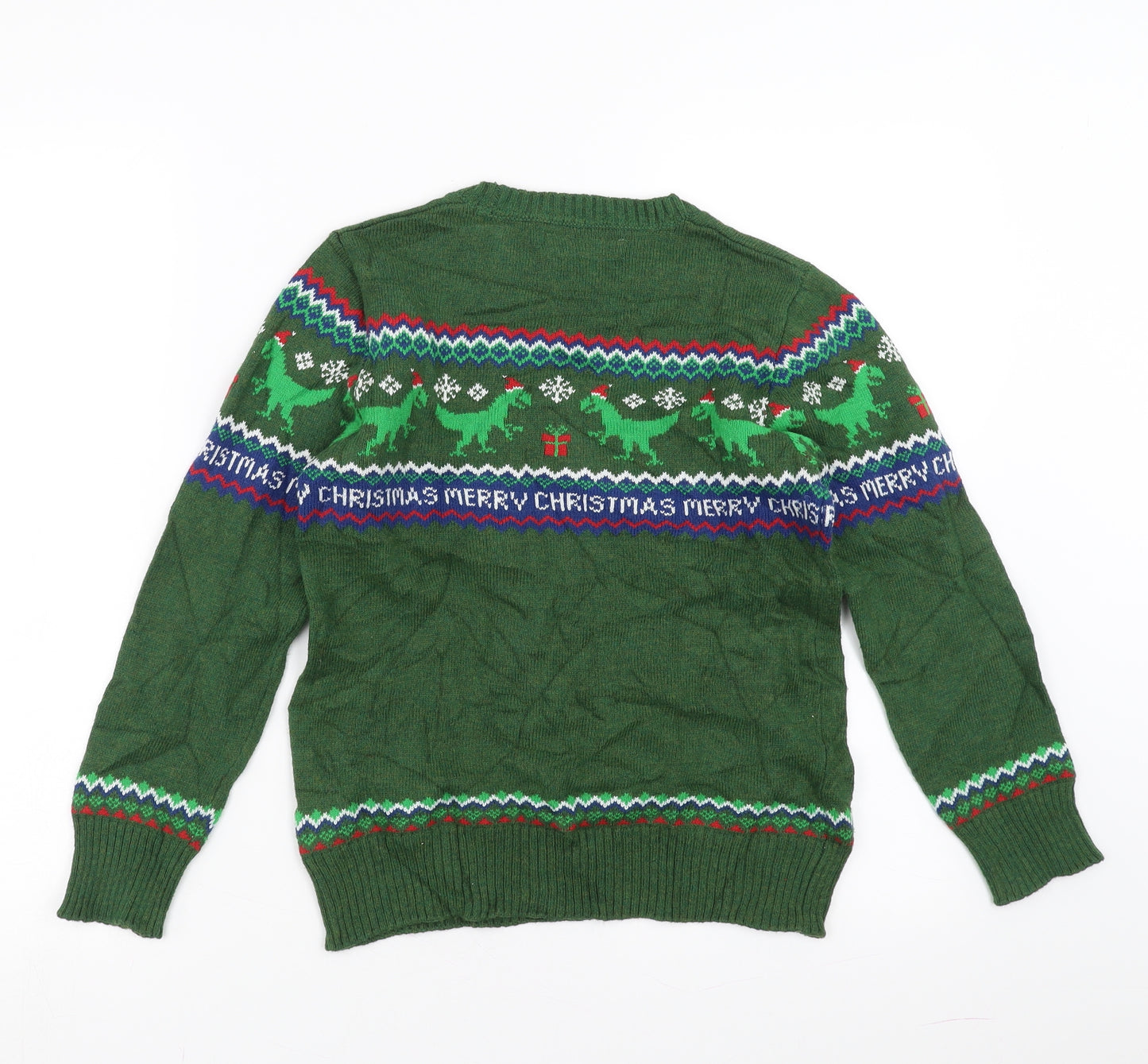 H&M Boys Green Geometric  Pullover Jumper Size 8-9 Years  - Dinosaur Christmas