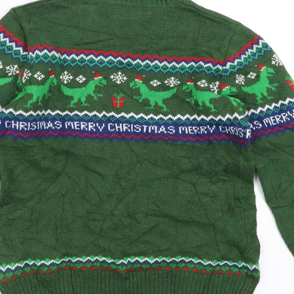 H&M Boys Green Geometric  Pullover Jumper Size 8-9 Years  - Dinosaur Christmas