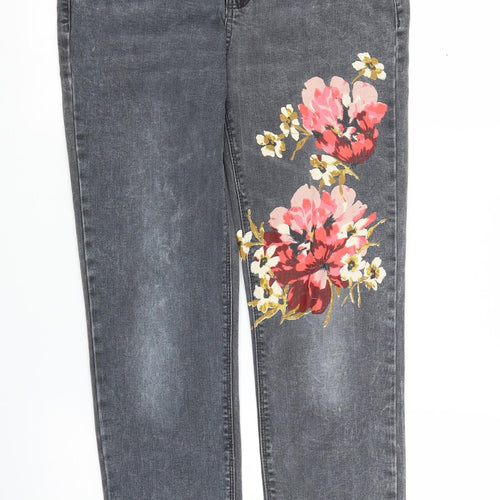 Preworn Womens Grey Floral Denim Straight Jeans Size M L25 in