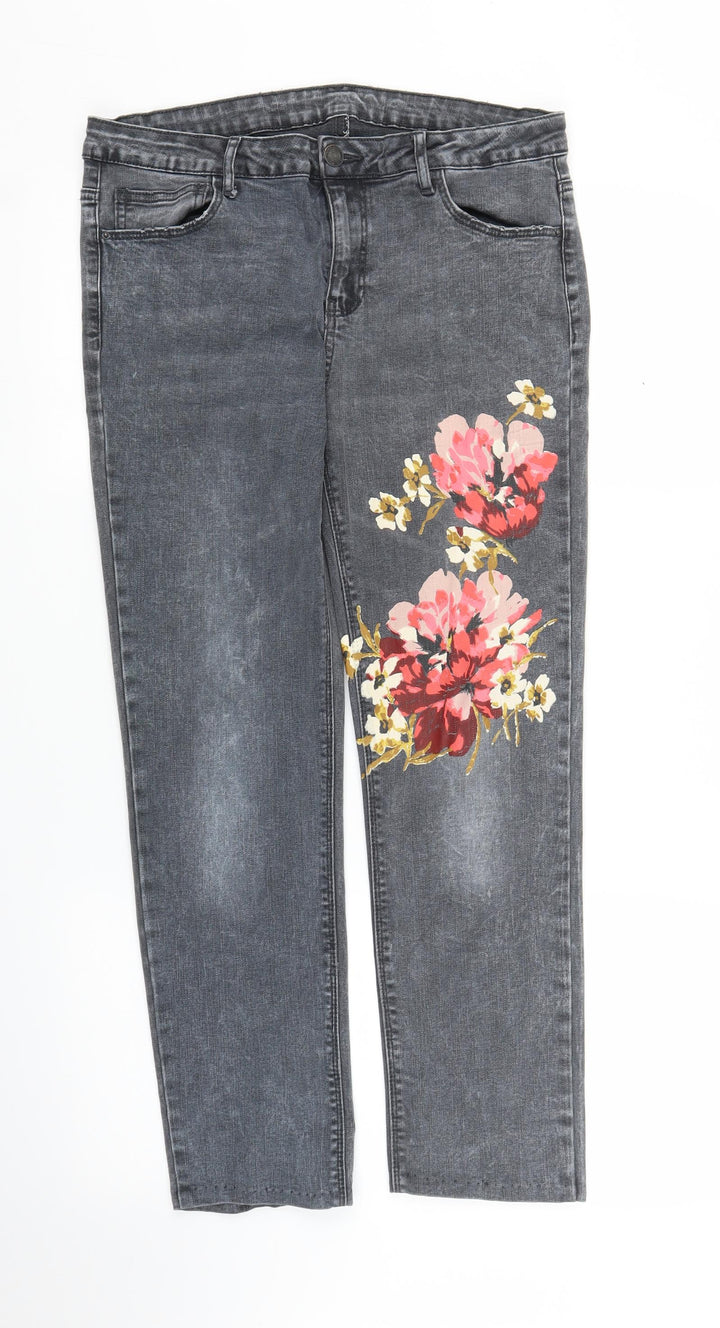 Preworn Womens Grey Floral Denim Straight Jeans Size M L25 in