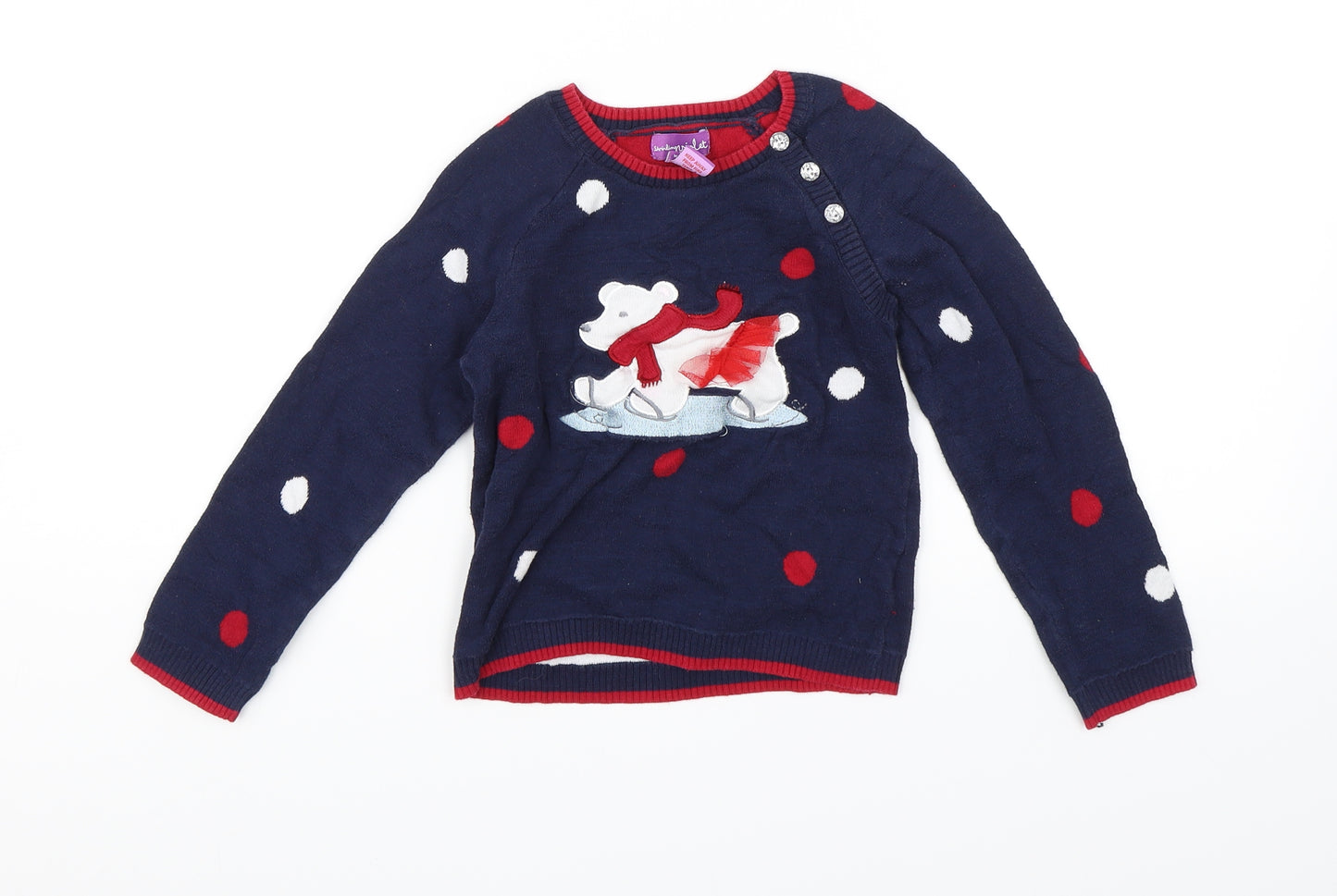 Shrinking Violet Girls Blue Polka Dot  Pullover Jumper Size 4-5 Years  - Polar Bear