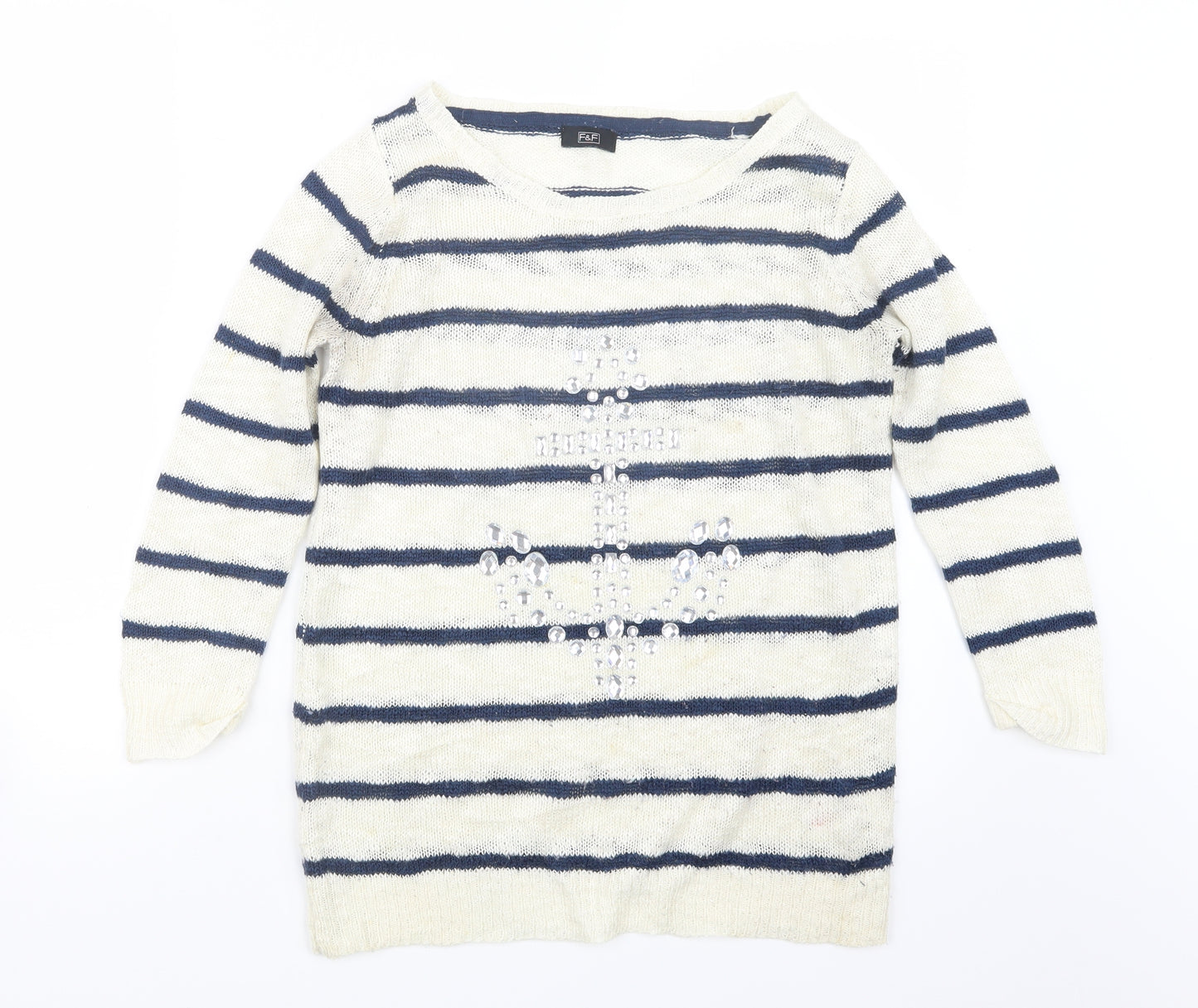 F&F Womens Blue Striped Knit Pullover Jumper Size 10