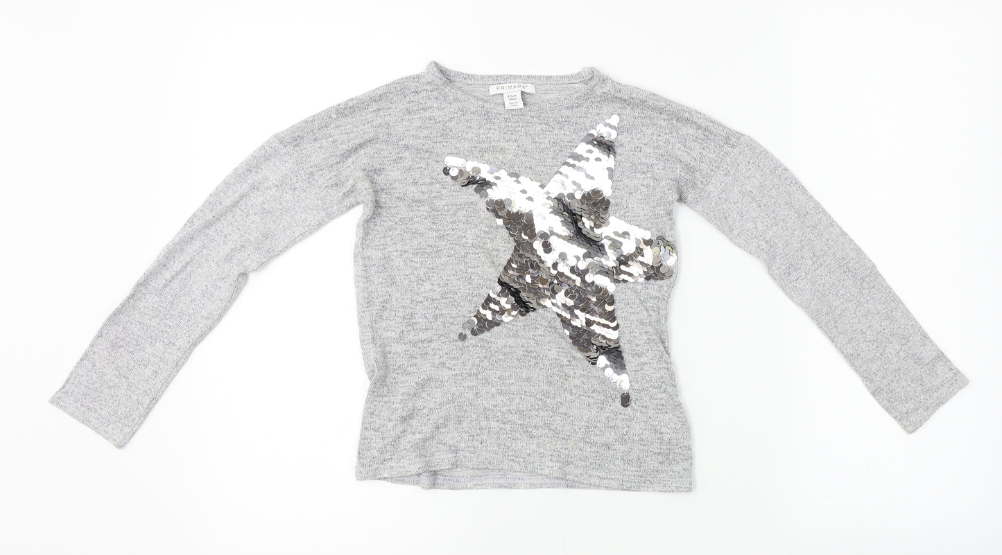 Primark  Girls Grey   Basic T-Shirt Size 8-9 Years  - Sequin detail