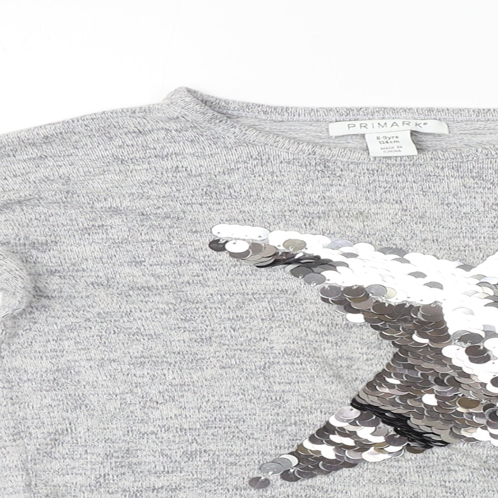 Primark  Girls Grey   Basic T-Shirt Size 8-9 Years  - Sequin detail