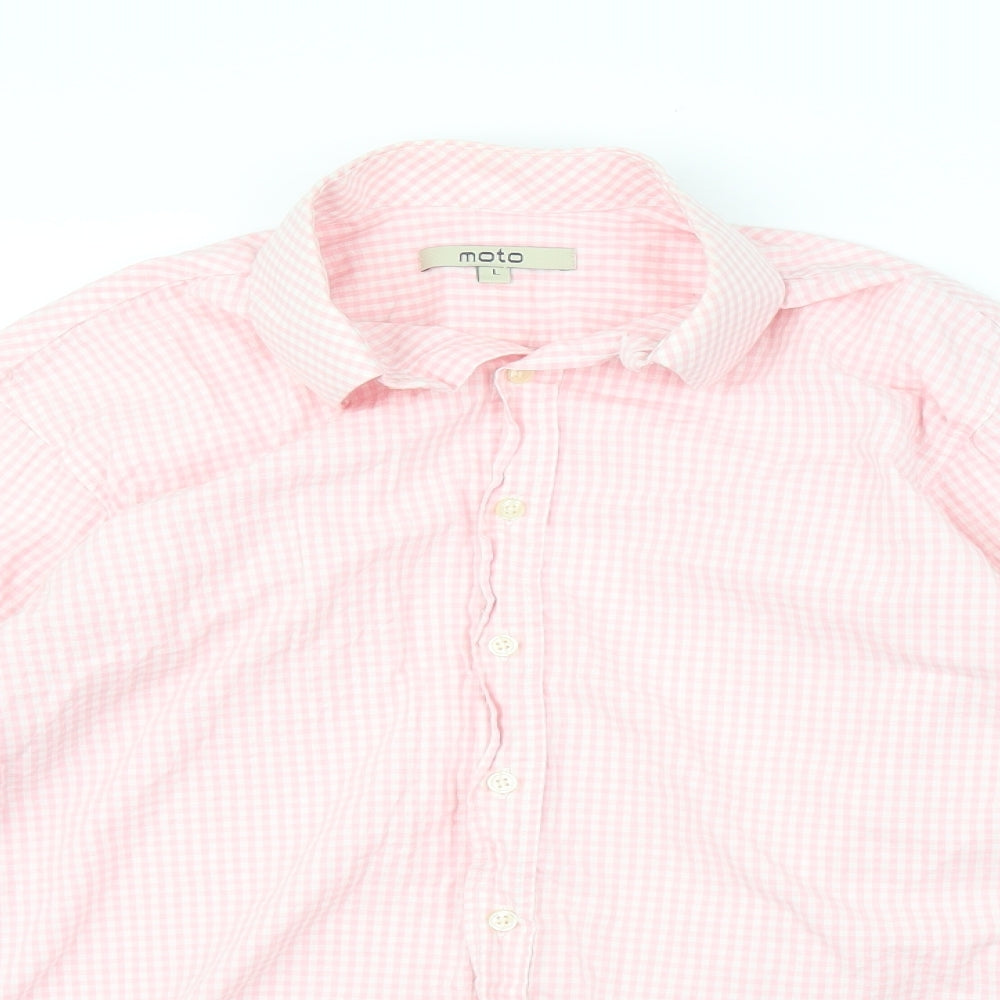 Moto Mens Pink Check   Button-Up Size L