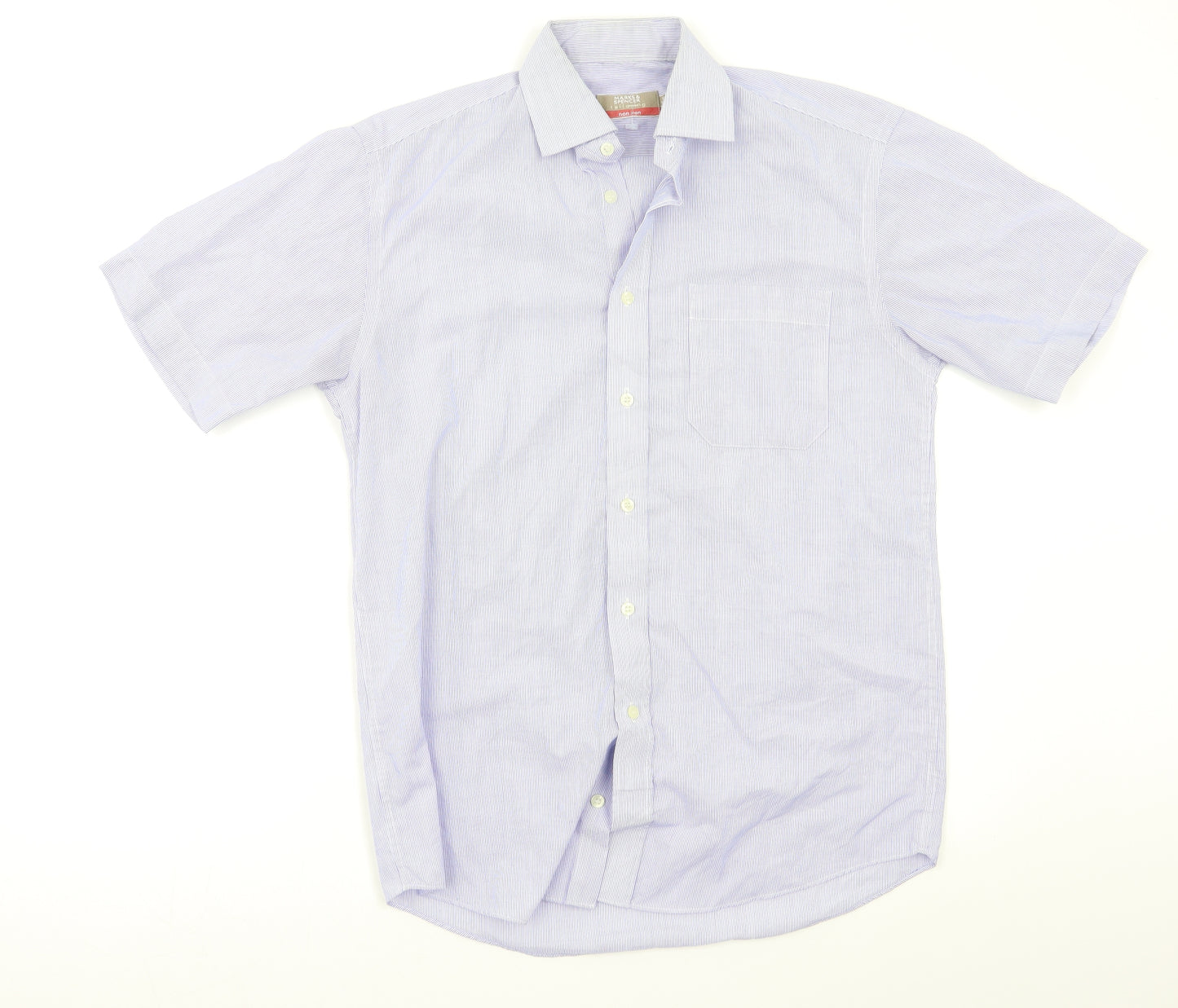 M&S Mens Blue Striped   Button-Up Size 14.5