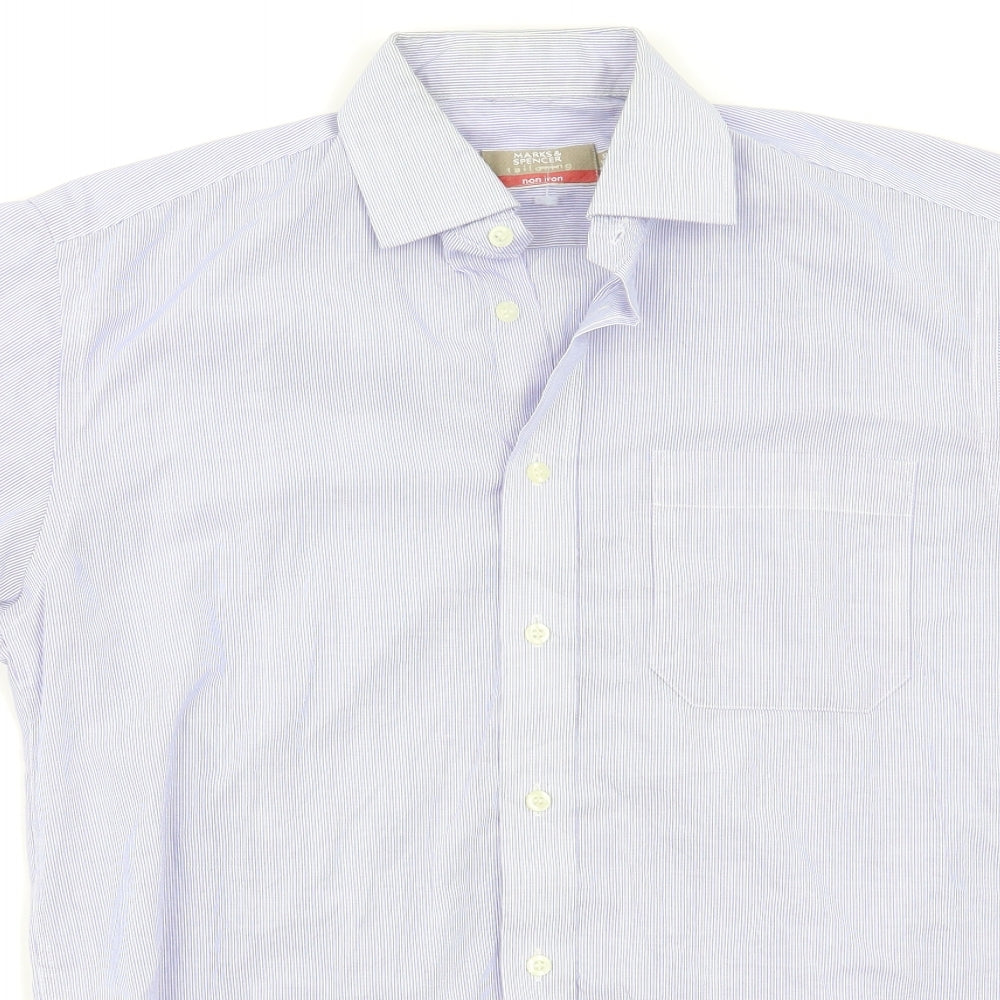 M&S Mens Blue Striped   Button-Up Size 14.5